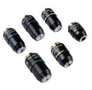 Set of six microscope objectives on a light green background
