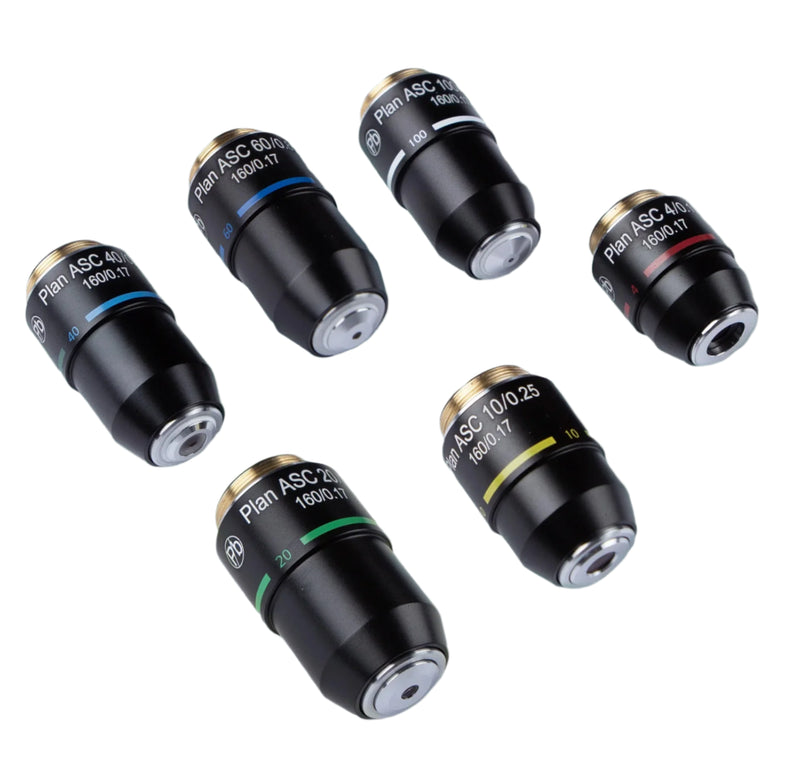 Set of six microscope objectives on a light green background