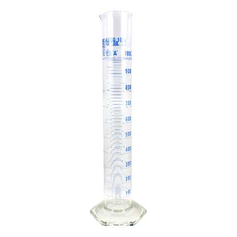Isolab Measuring Cylinder,Tall Form,1000ml,Diameter 165mm Height 470mm,Blue Stain Graduations,Class A,Borosilicate Glass,European,Each