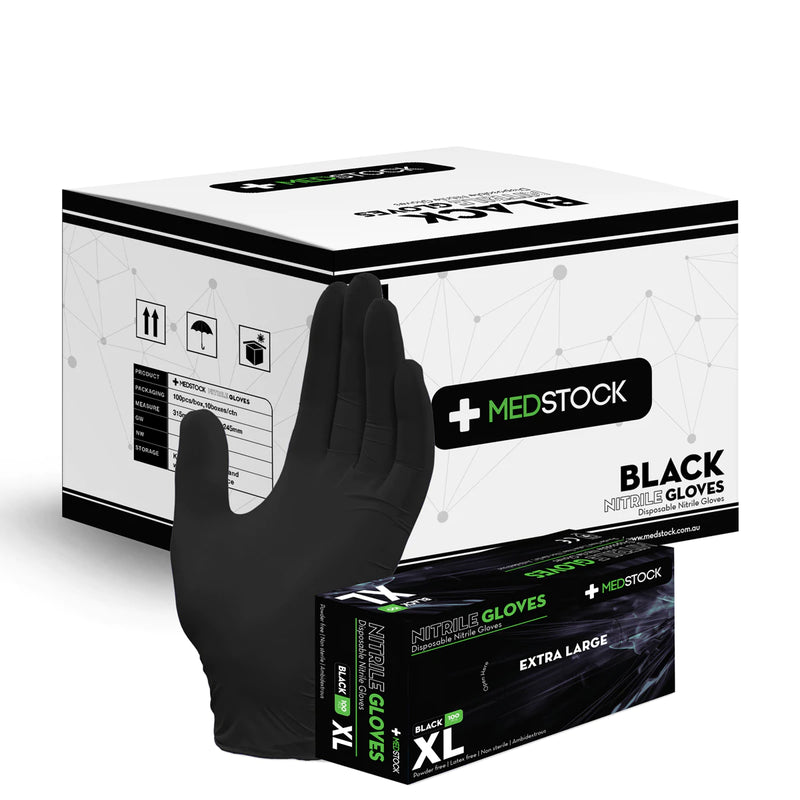 Medstock Nitrile Disposable Gloves, Black, Powder Free, Latex Free, Textured, Ambidextrous 100 pcs/box