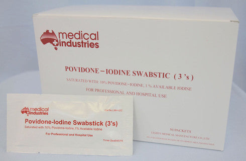 Swabstick 10 cm (4inch) Povidone Iodine 1% , 3 pcs/pack, 50 pack/ Box