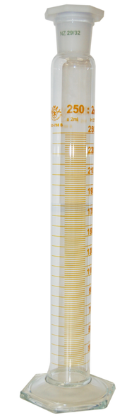 Measuring Mixing Cylinder 250ml Hexagonal Glass Base, Brown Graduation with Recyclable Plastic Stopper Class B, SJ 29/32, Each