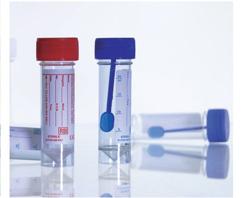 Blue Cap Specimen Containers, 25ml, 25D x 80H mm, Polystyrene with Screw Cap & Spoon, pkt of 100 pcs