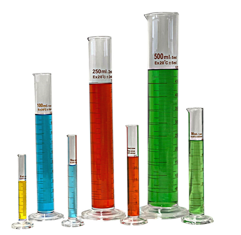 Glass Measuring Cylinders, Round Base, Graduated Tall form with spout - sizes: 50ml - 500ml