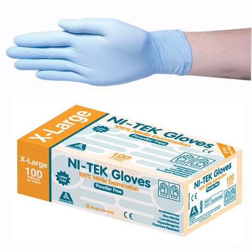 Ni-Tek Nitrile Premium Gloves, AS/NZ, Powder Free, Extra Large, Blue Colour, 100 per Box, 1000 per Carton