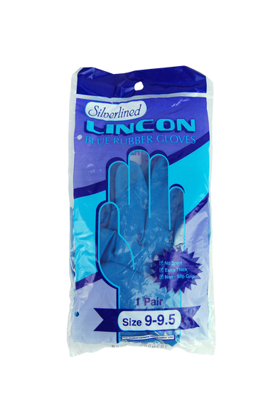 Lincon Silverlined Natural Rubber Gloves, with Silver Lining, Biodegradable, Medium weight, Size 9-9.5, Blue, Unscented, 1 Pair
