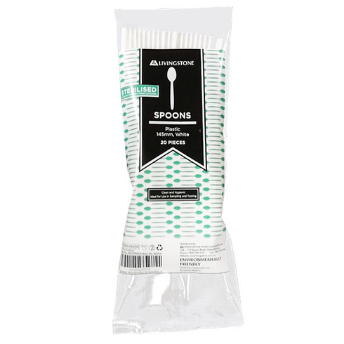Recyclable Plastic Spoons, Sterile, 145mm Length, White, 20 Pieces per Pack