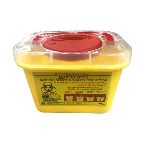 Liv Needles Sharps Waste Collector, 3 Litres, with Screw Lid and Finger Guard, Clear View Top, Square, Recyclable Plastic, Yellow, Each