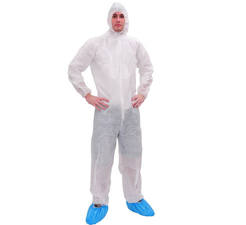 Disposable Dust Protective Polypropylene PP Tyvek Coverall with Hood Chemical Suit Lightweight Elastic Cuffs, White